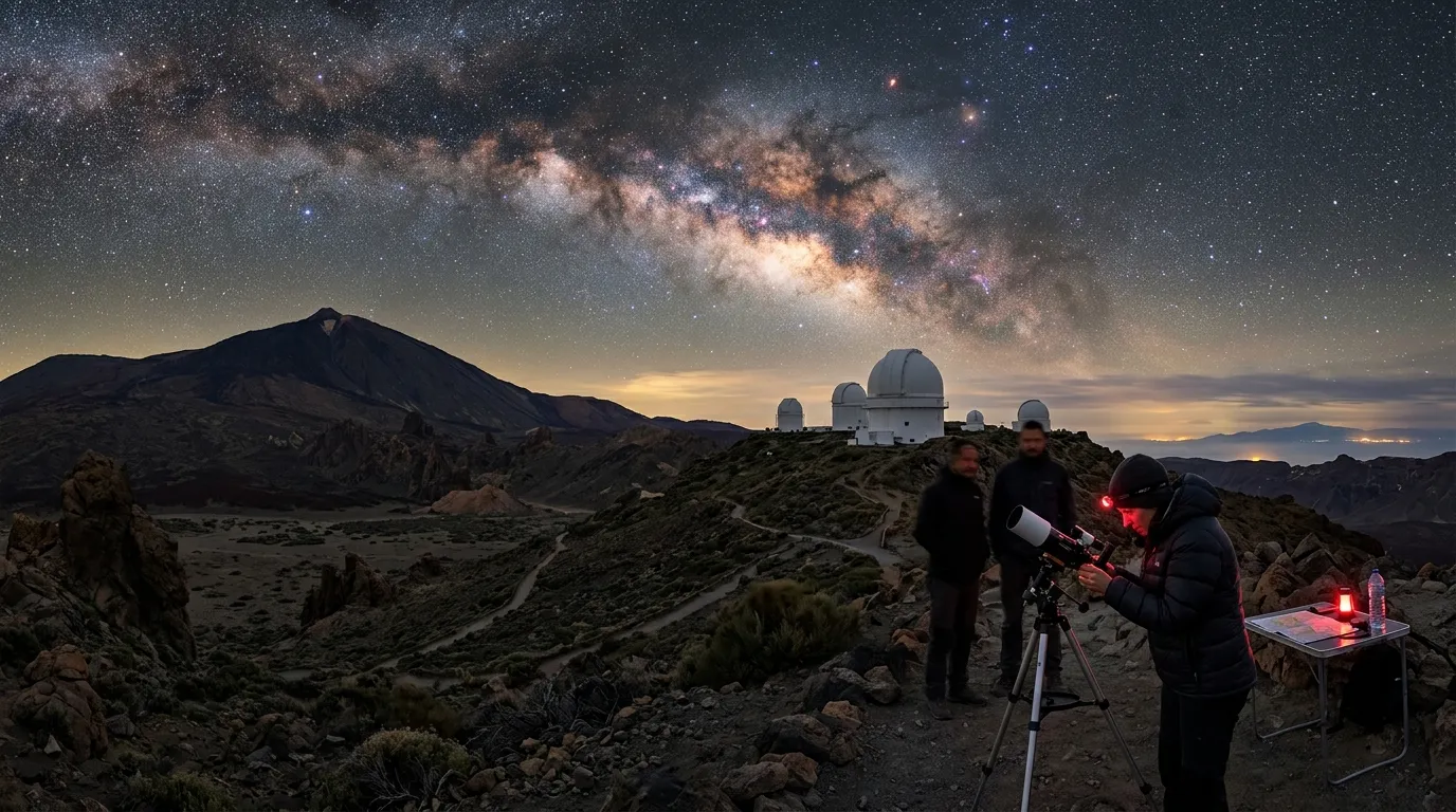 Milky Way galactic core over the Teide caldera at night, Tenerife stargazing under Bortle 3-4 skies, the volcanic landscape silhouetted against a dark sky with visible dust lanes