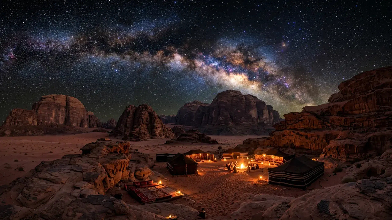 Photorealistic Milky Way over red sandstone formations in Wadi Rum, Jordan, above a lit Bedouin desert camp, illustrating whether Wadi Rum is worth it for stargazing