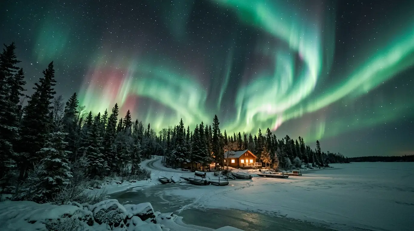 Aurora borealis in vivid green and purple bands directly overhead above frozen Great Slave Lake near Yellowknife at night, traditional teepees silhouetted on the shoreline, snow-covered subarctic taiga under a crystal-clear winter sky, illustrating the auroral-oval position that makes Yellowknife worth it for northern lights