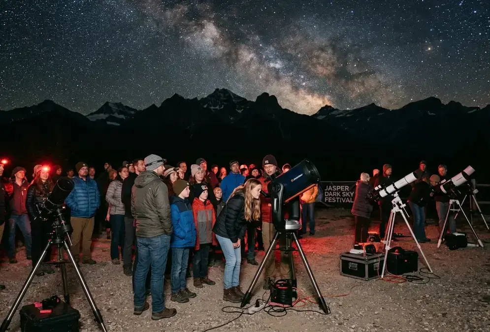 Crowd gathered around telescope stations at night during the Jasper Dark Sky Festival, Rocky Mountain silhouettes under a star-filled sky