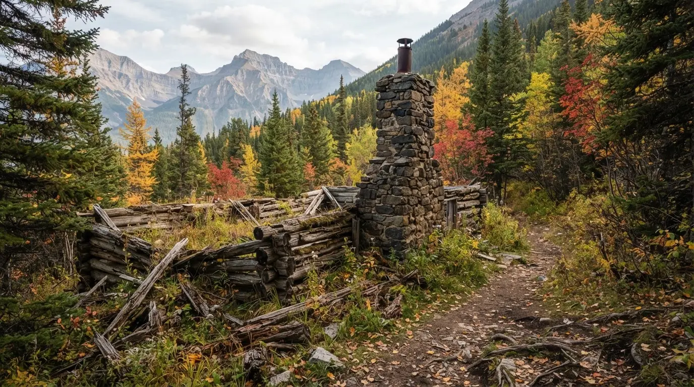 Historic Métis homestead site along Snaring Road in Jasper National Park's Athabasca Valley, a landscape central to Jasper National Park indigenous history, mountains rising behind weathered log structures at dusk