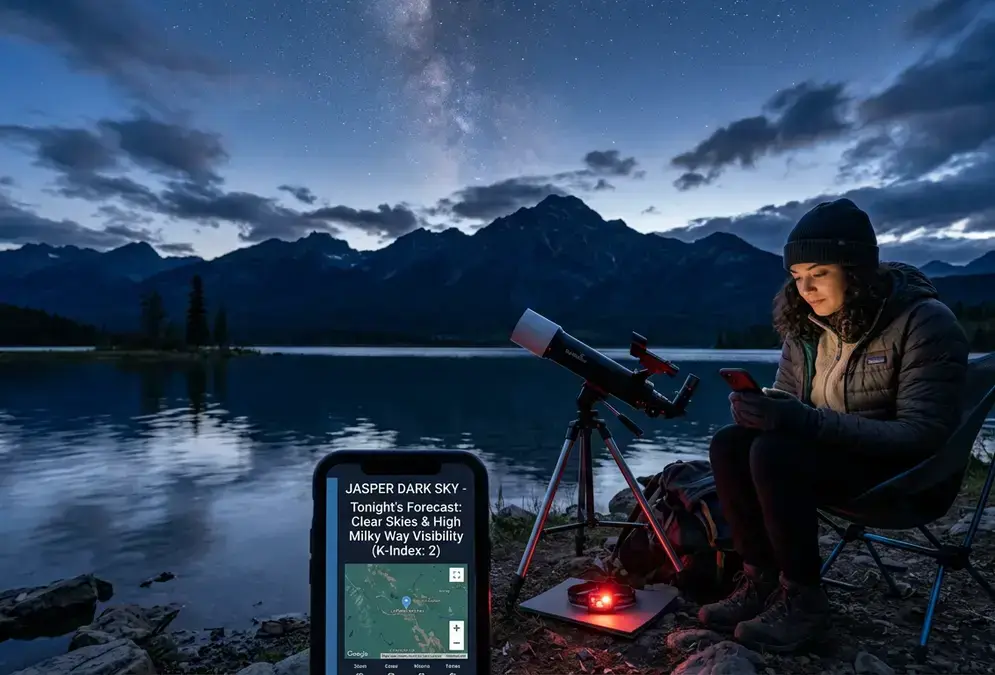 Stargazer checking a Jasper stargazing forecast on a phone beside Pyramid Lake at dusk, Rocky Mountains silhouetted against a clearing sky, Milky Way beginning to emerge as clouds break over the ridgeline