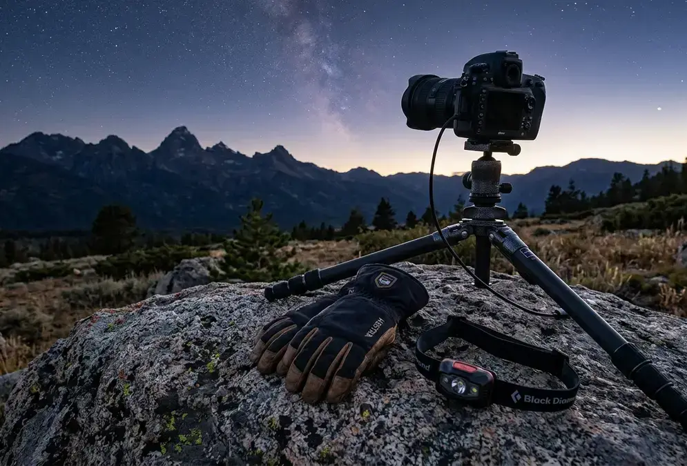 Jasper stargazing gear laid out on a rock at dusk: red headlamp, camera on a stable tripod, and insulated gloves, with the Rockies silhouette and a starry sky behind