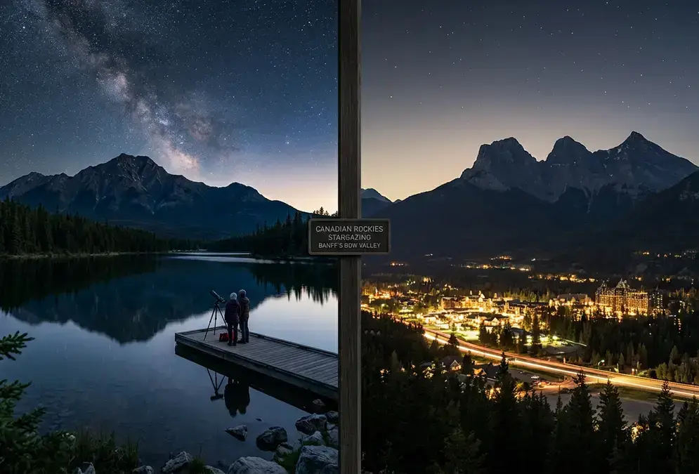 Split dusk view of Jasper's Dark Sky Preserve over Pyramid Lake beside Banff's Bow Valley peaks, illustrating Jasper vs Banff stargazing for Rockies trip planning