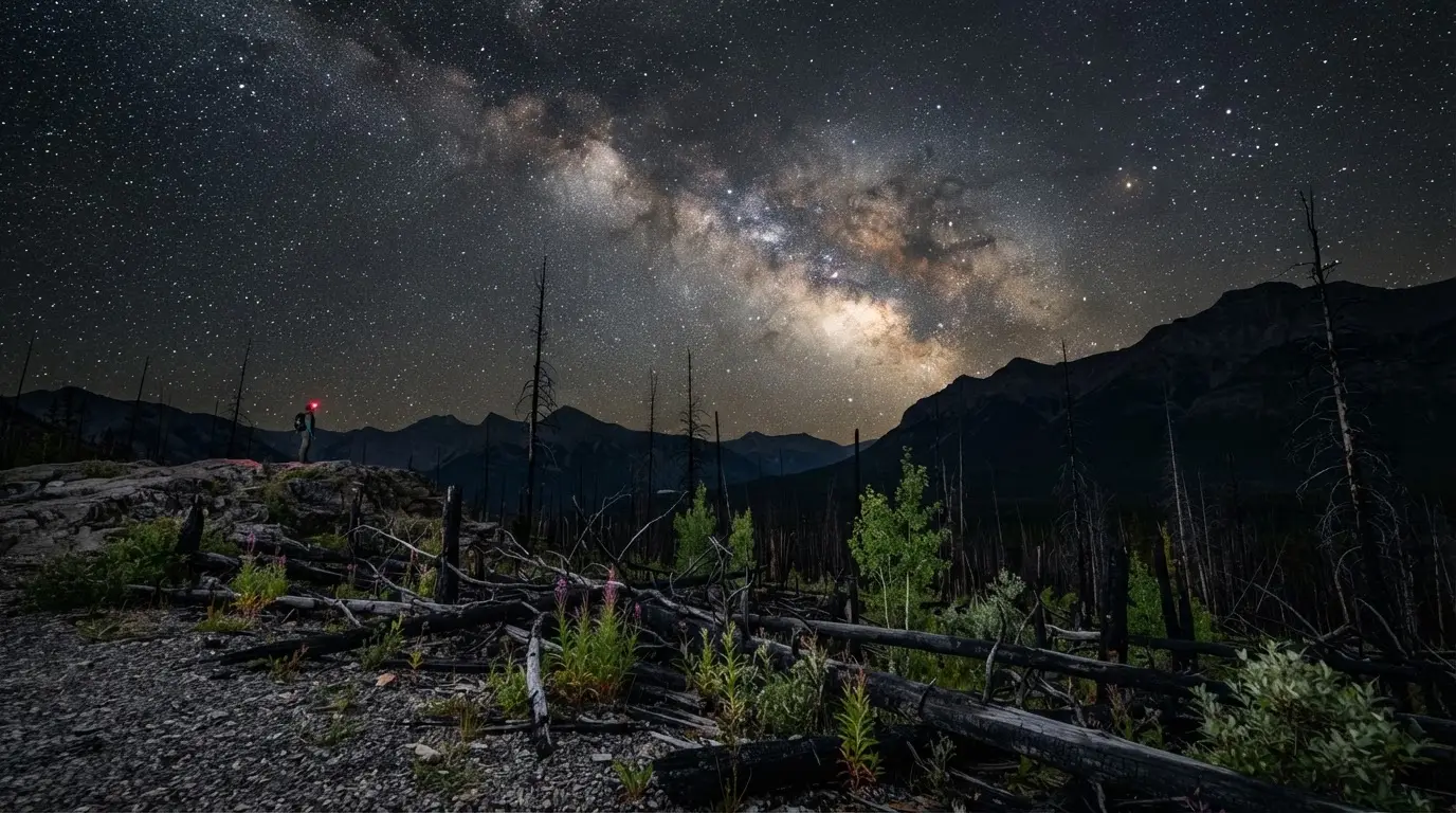 Night sky over a burned forest in Jasper National Park in 2026, recovering from the 2024 Jasper wildfire, the Dark Sky Preserve sky quality undiminished above a blackened tree line, the Milky Way visible through a widened horizon from a reopened stargazing pullout