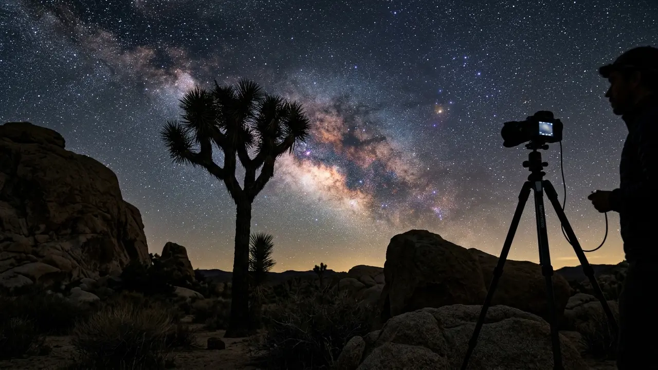 Joshua Tree astrophotography gear: a camera and tripod silhouette framing a joshua tree and granite boulders against the Milky Way core, a star-filled desert sky overhead