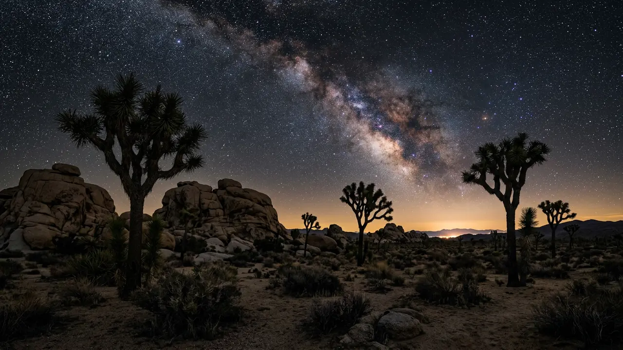 Joshua Tree dark sky certification landscape at night, boulder formations and Joshua trees silhouetted under a dense Milky Way with a faint glow of distant city lights on the horizon