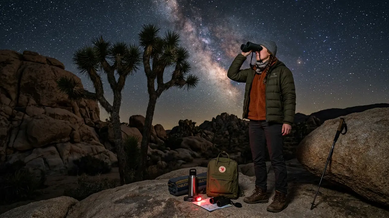A stargazer in layered clothing scans the night sky with binoculars beside Joshua Tree's boulder formations and namesake trees, illustrating a Joshua Tree stargazing packing list for desert day-to-night extremes