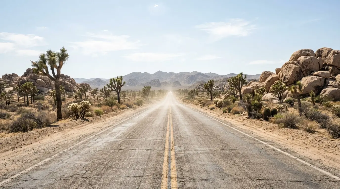 Sun-bleached desert highway cutting through Joshua Tree National Park at midday, capturing the Joshua Tree road trip September heat decision between Death Valley and higher desert ground