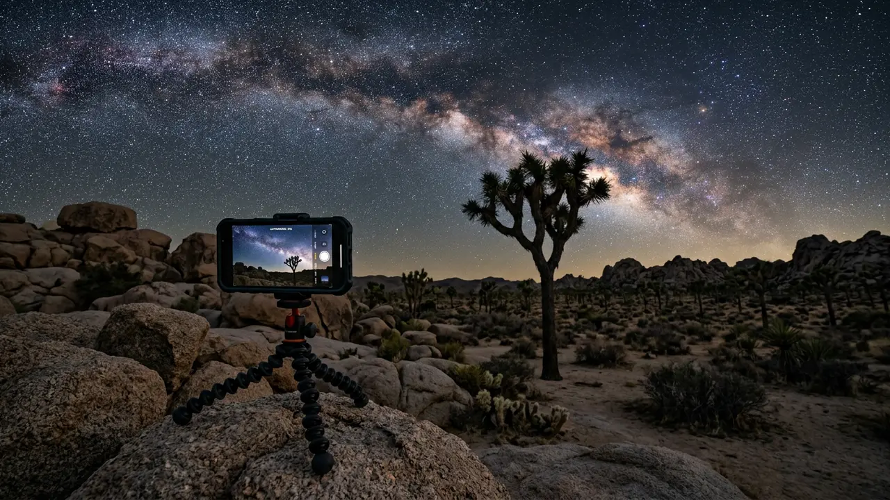 Smartphone on a small tripod among boulders in Joshua Tree National Park at night, demonstrating Joshua Tree smartphone stargazing photography as the Milky Way arcs above a Joshua tree silhouette