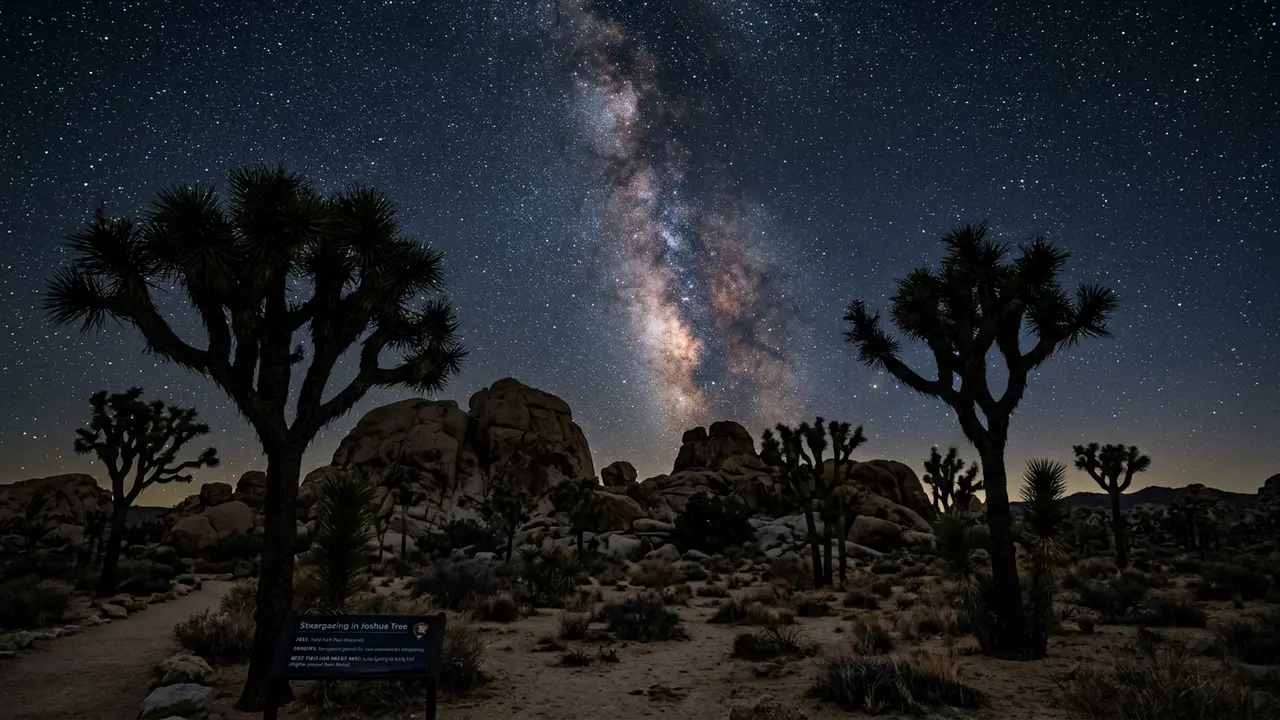 Star-filled night sky over Joshua Tree National Park's boulder formations and silhouetted yuccas, illustrating this Joshua Tree stargazing FAQ on fees, permits, and the best time to see the Milky Way