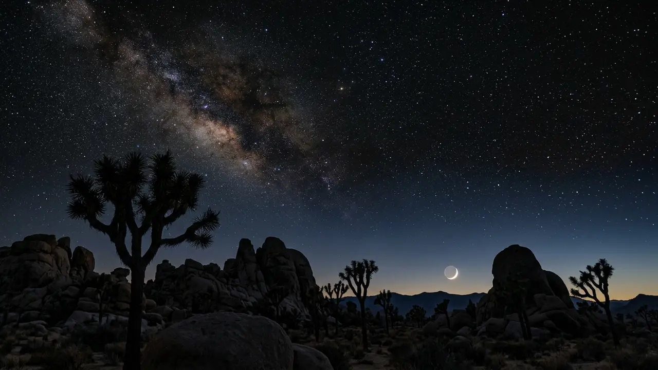 Clear night sky above Joshua Tree National Park's boulder silhouettes with a crescent moon low on the horizon, illustrating a favorable Joshua Tree stargazing forecast