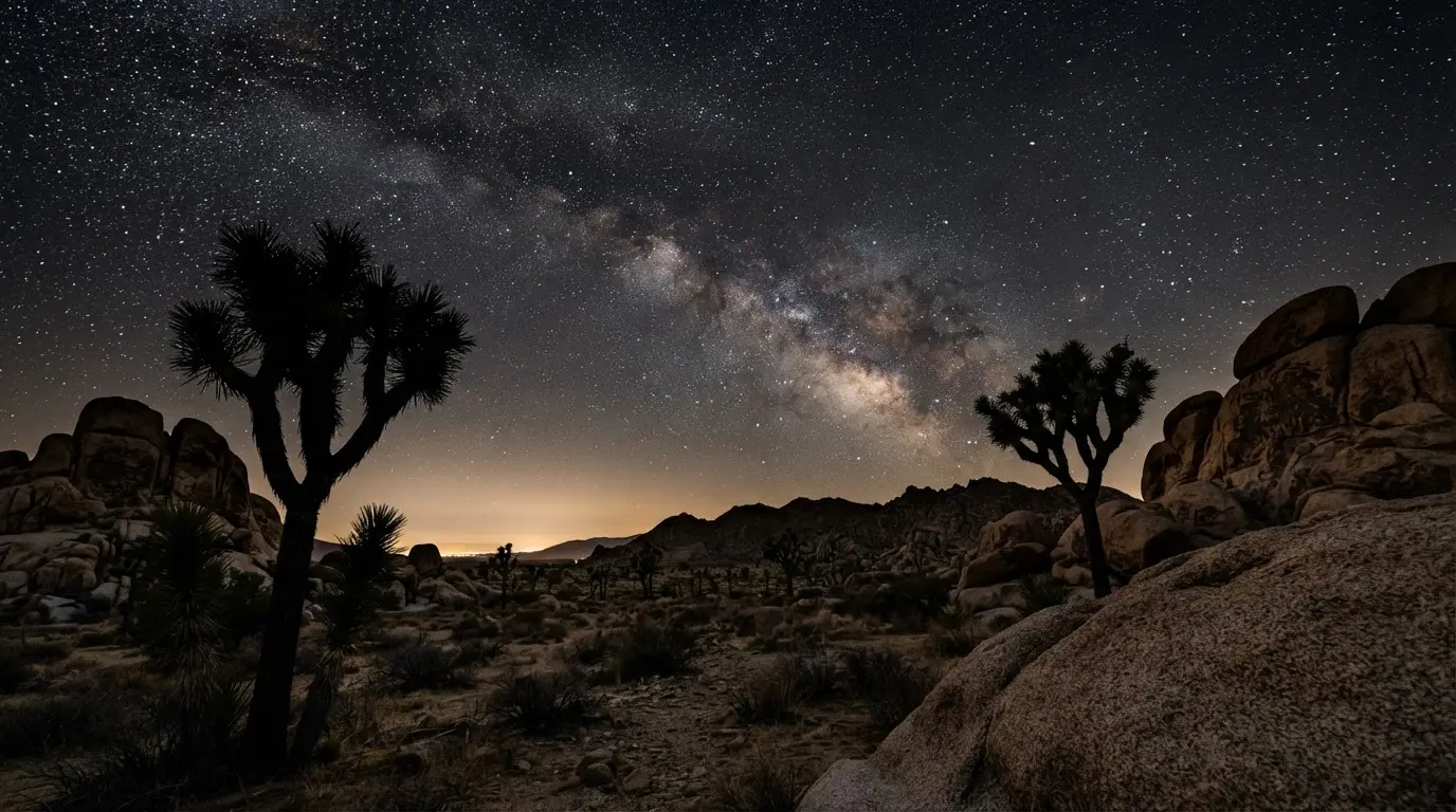 Joshua trees and boulder piles silhouetted against the Milky Way over the Mojave high desert near Joshua Tree, dense stars above a faint horizon glow, prime stargazing terrain