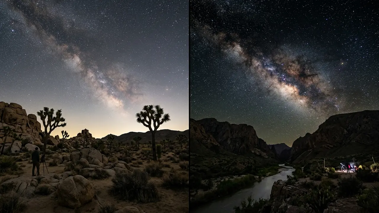 Split dusk composite of Joshua Tree's boulder-strewn desert under a Silver-tier starry sky beside Big Bend's Chisos Mountains and Rio Grande under the darkest sky in the Lower 48, illustrating Joshua Tree vs Big Bend stargazing