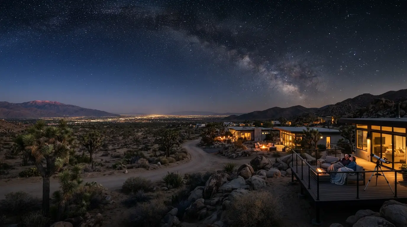 A wide dusk-to-night composite showing the resort lights of Palm Springs fading into a star-dense, darker sky over the Mojave Desert near Twentynine Palms and Joshua Tree, illustrating where to stay for Joshua Tree stargazing