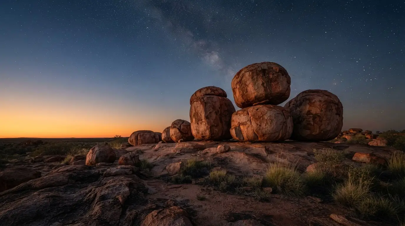Karlu Karlu dark sky sanctuary: rounded granite boulders under the Milky Way in the Australian outback, AI-generated, wide landscape with a low horizon