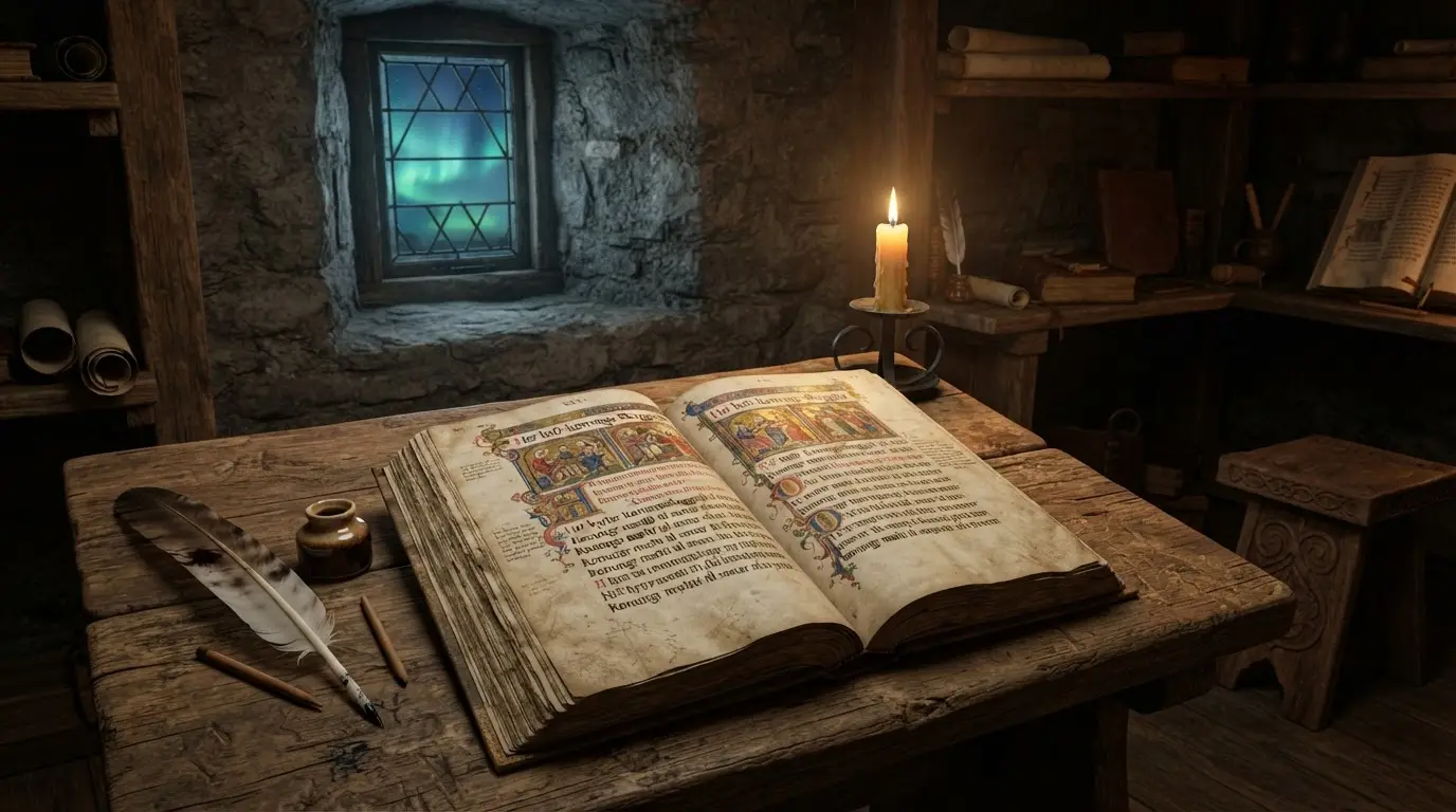 Photorealistic aged Old Norwegian vellum manuscript page lit by candlelight, glowing green aurora curtains visible through a frost-rimmed window behind it, evoking a medieval attempt to explain the northern lights