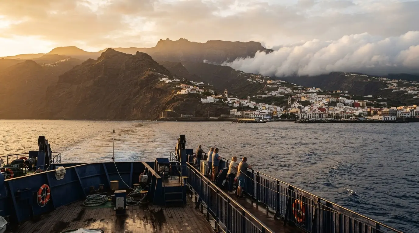 Photorealistic late-afternoon view from a ferry deck on the Atlantic Ocean approaching Santa Cruz de La Palma, the island's dark volcanic silhouette rising ahead with cumulus clouds banked against the eastern slopes, the Caldera de Taburiente rim barely visible in the distance, illustrating why a day trip to La Palma stargazing fails on timing alone
