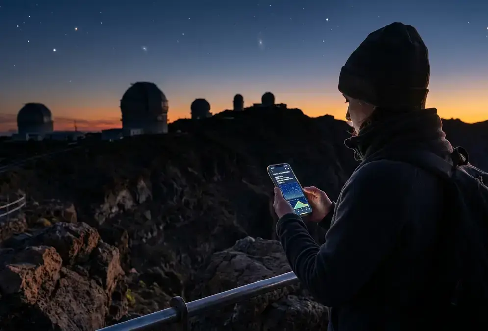 A stargazer checks a La Palma stargazing forecast on a phone screen at dusk, with the domes of Roque de los Muchachos Observatory silhouetted against a darkening sky and the first stars appearing overhead