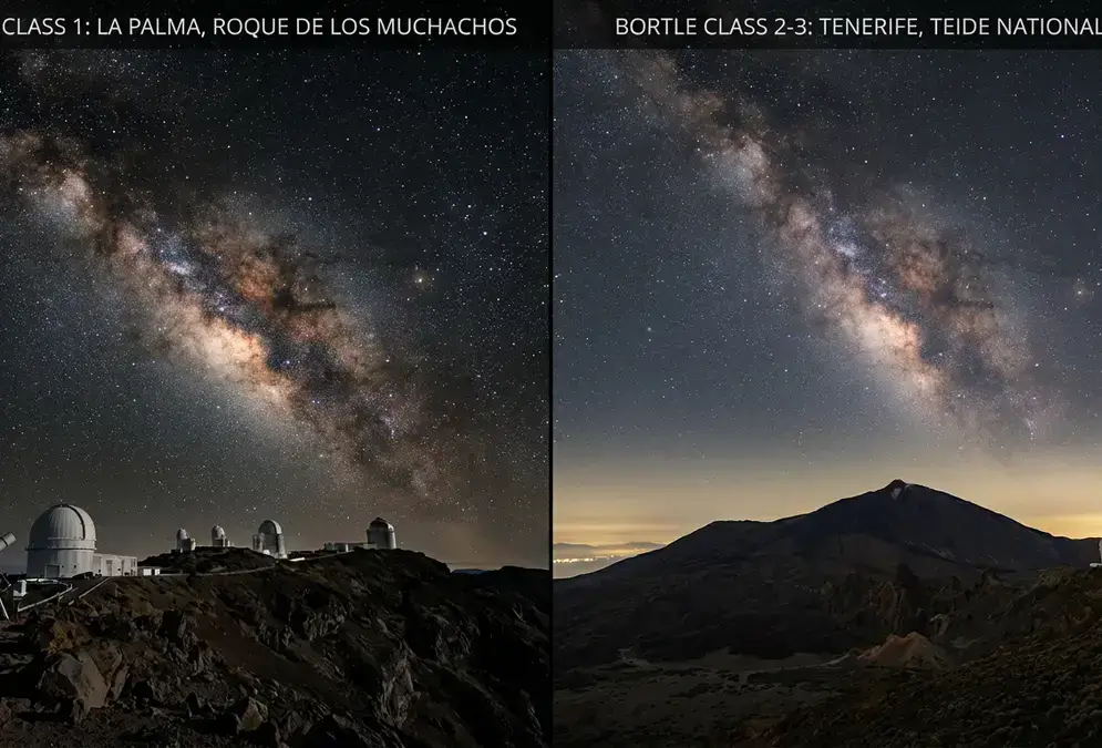 Split-frame night sky comparison for La Palma vs Tenerife stargazing: Bortle 1 stars above La Palma's Roque de los Muchachos Observatory beside Bortle 2-3 skies over Tenerife's Teide caldera