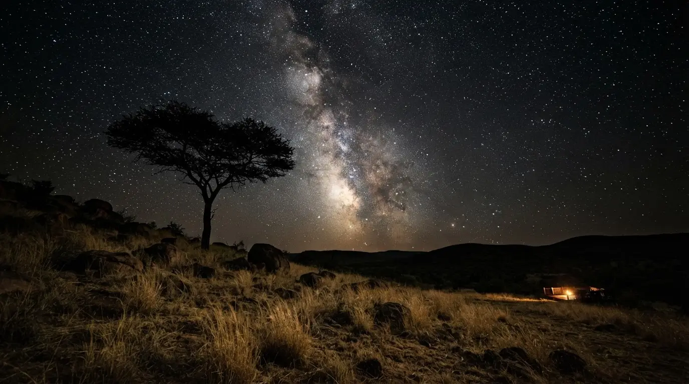 Milky Way arching over the savanna of Lapalala Wilderness dark sky park at night, acacia silhouettes in the foreground and one low, warm, shielded lodge light on the horizon
