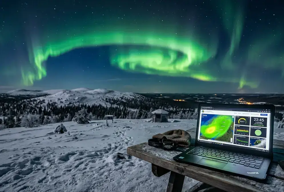 Green aurora curtain over a snow-covered Finnish Lapland fell with a laptop showing the Lapland aurora forecast on FMI's map, magnetometer readings and cloud cover side by side