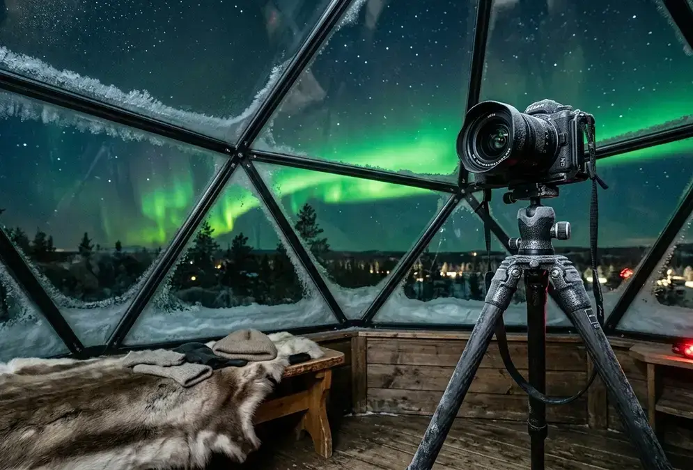 Lapland aurora photography gear for extreme cold: a camera and wide-angle lens on a carbon-fiber tripod inside a frost-rimmed glass igloo, framing a green aurora curtain through the dome against a starlit sky