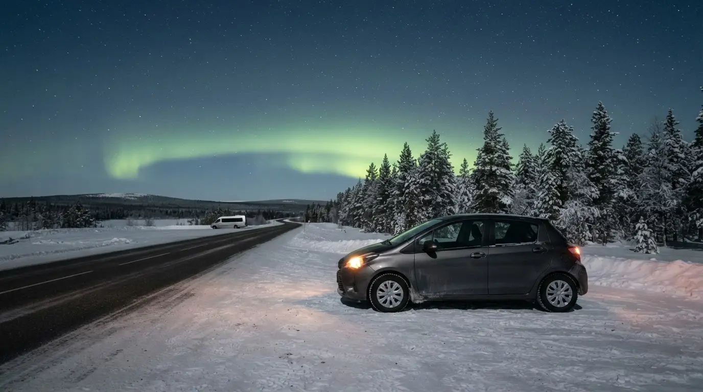 Rental car parked in a snowy lay-by on a Finnish Lapland road at night, a guided aurora tour minibus with headlights off in the distance and green northern lights overhead, lapland guided tour vs self drive aurora