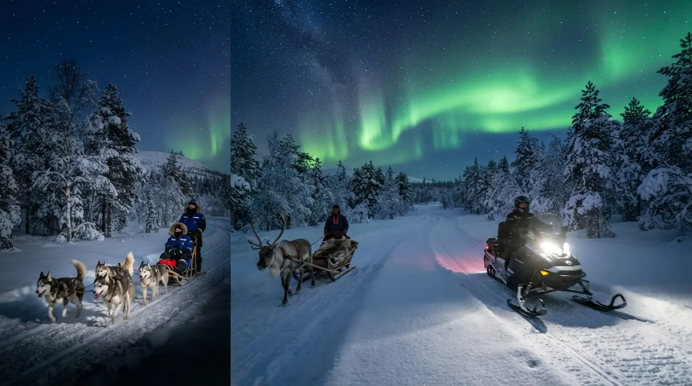 Split winter night scene in Finnish Lapland comparing aurora activities: a husky sled team, a reindeer sleigh, and a snowmobile's headlight beam on a snow trail, green aurora borealis overhead against a deep blue Arctic night sky