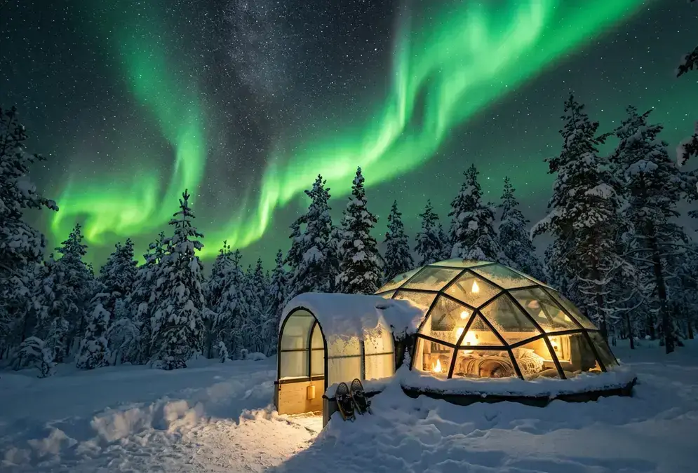 Green northern lights over a snow-covered glass igloo in Finnish Lapland, aurora borealis glowing above pine forest and Arctic sky