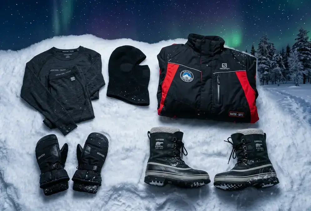 Finnish Lapland winter packing list gear flat-lay: merino wool base layers, insulated boots rated to −50°C, mittens, a balaclava, and a snowmobile suit arranged in snow under a starry Arctic sky