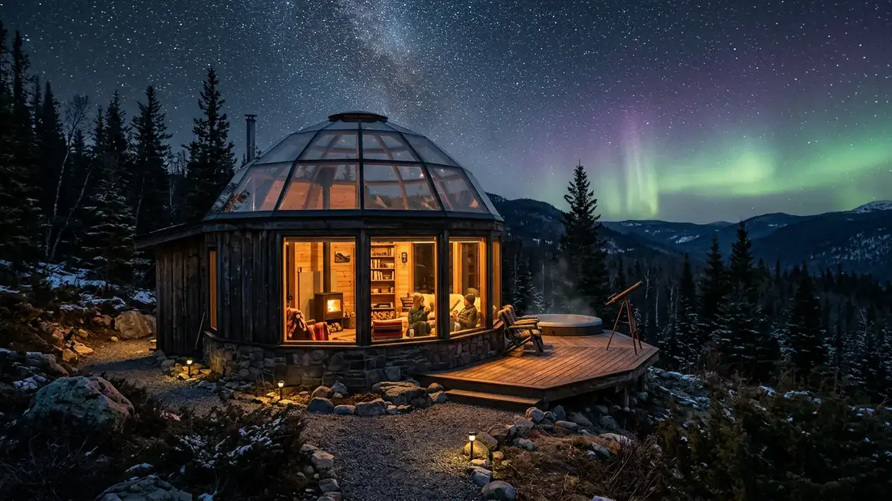 A glass-domed stargazing lodge glowing at night under a starry sky and aurora