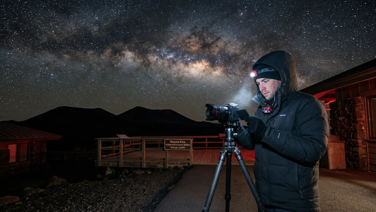 Astrophotographer with dedicated Mauna Kea astrophotography gear, camera on tripod at the Visitor Information Station under the Milky Way, breath visible in cold night air