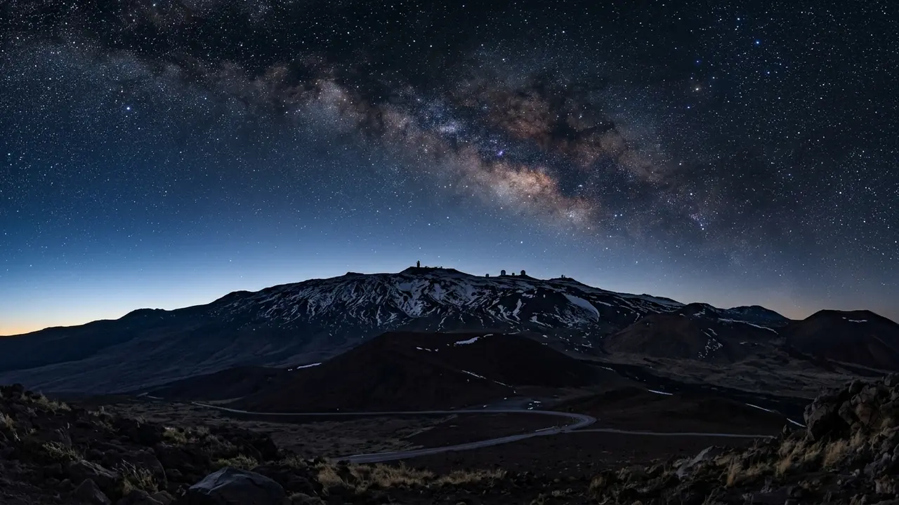 Mauna Kea cultural significance shown in the snow-dusted summit silhouette at dusk beneath a star-filled sky, sacred to Native Hawaiians as Mauna a Wākea
