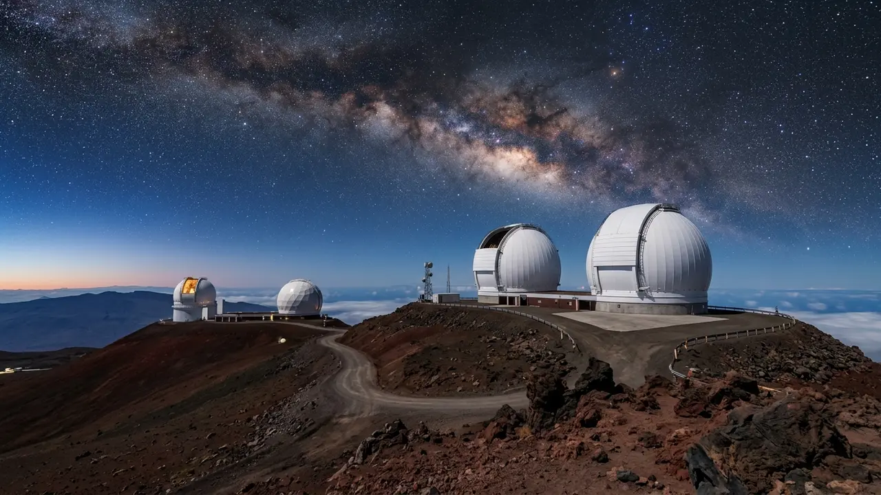 Twin domes of the W. M. Keck Observatory on Mauna Kea's summit at dusk, Subaru and Gemini North domes visible along the ridge, the Milky Way emerging above the volcanic caldera, illustrating why the Mauna Kea observatories sit above the clouds