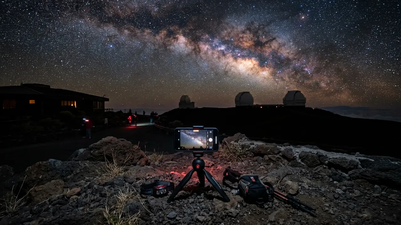 Mauna Kea smartphone stargazing photography: a phone on a mini tripod capturing the Milky Way's bright core above the Visitor Information Station's silhouetted telescopes at night