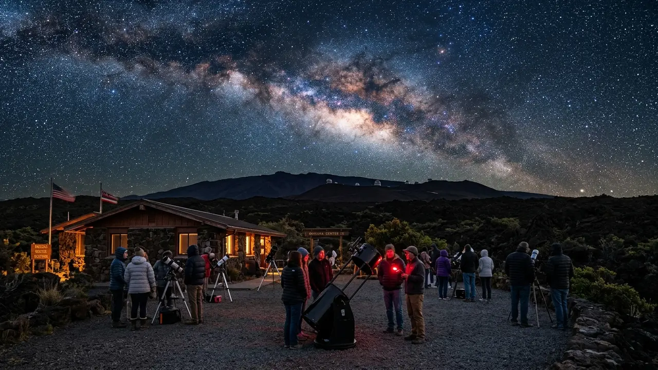 Mauna Kea stargazing FAQ: visitors and telescopes at the Onizuka Visitor Information Station at 9,200 feet, dense Milky Way sky above Mauna Kea's dark summit ridge
