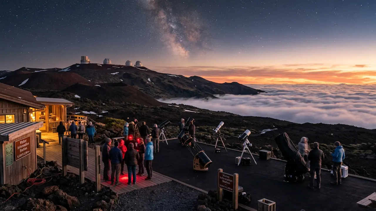 Mauna Kea stargazing forecast scene at dusk: the Visitor Information Station at 9,200 feet with telescopes set up as a band of cloud sits below the summit's inversion layer, the Milky Way emerging above