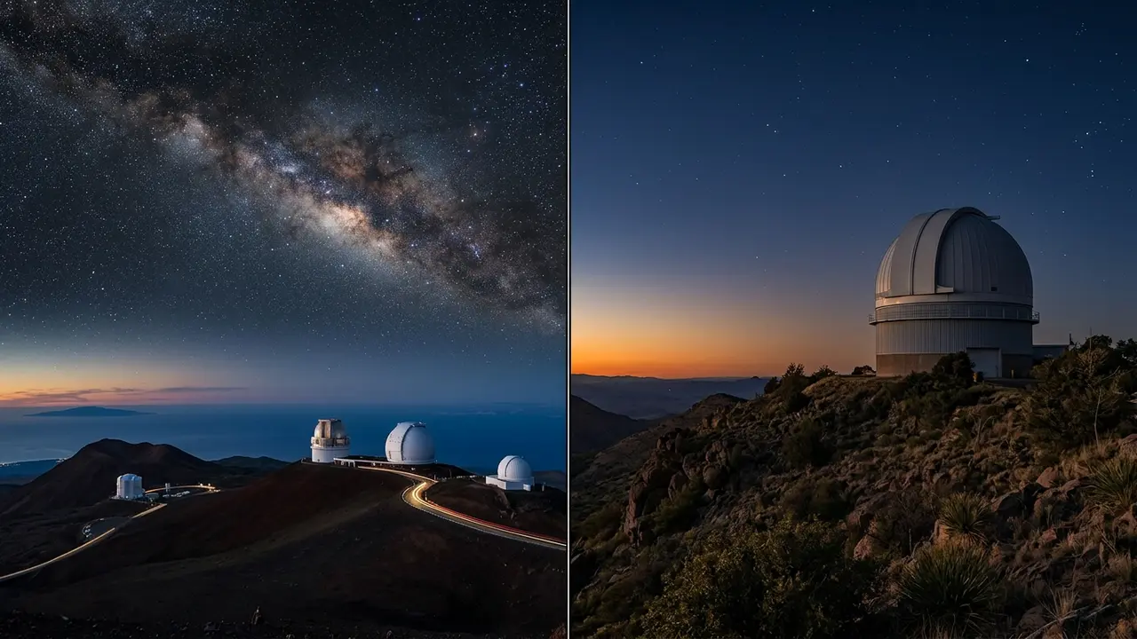 Mauna Kea vs Big Bend stargazing comparison: Mauna Kea's summit observatories under a starry sky beside Big Bend's McDonald Observatory dome at dusk