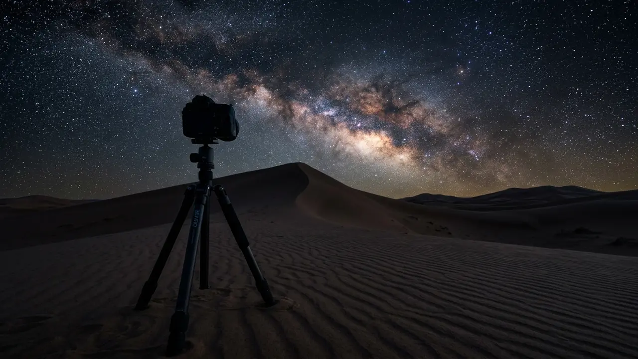 Merzouga astrophotography gear setup: a camera and tripod silhouette framing a dune crest and rippled sand against the Milky Way core over Erg Chebbi's Sahara dunes at night