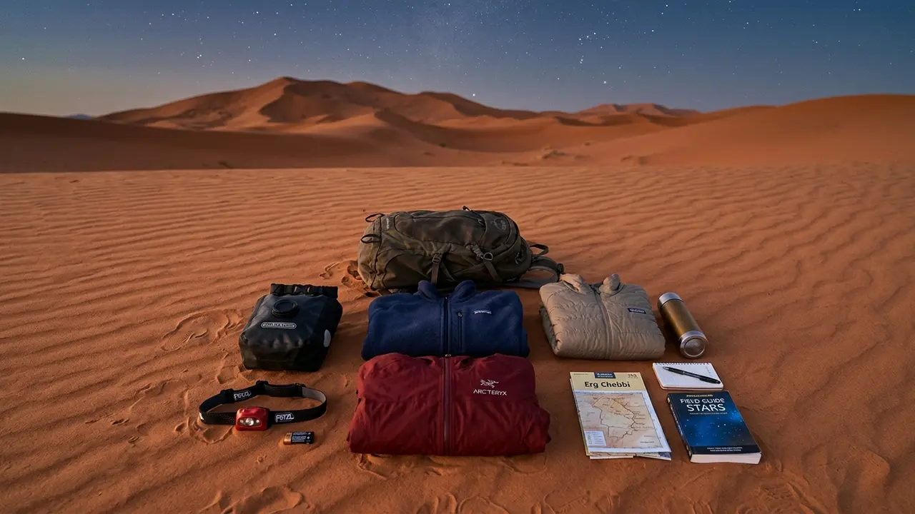 Flat-lay of Merzouga stargazing packing list gear on Sahara sand at dusk: fleece layer, windproof shell, dry bag for a camera, red-light headlamp, and a small soft daypack, with Erg Chebbi's dunes and emerging stars in the background