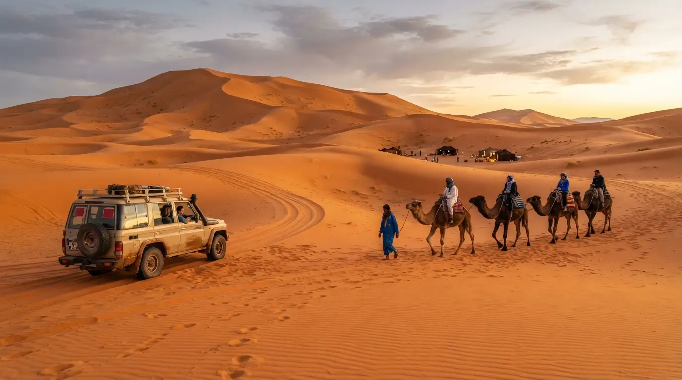 Photorealistic scene of a licensed 4x4 and camel trek on the Erg Chebbi dunes at Merzouga at dusk, showing what to check when asking is Merzouga desert tour safe
