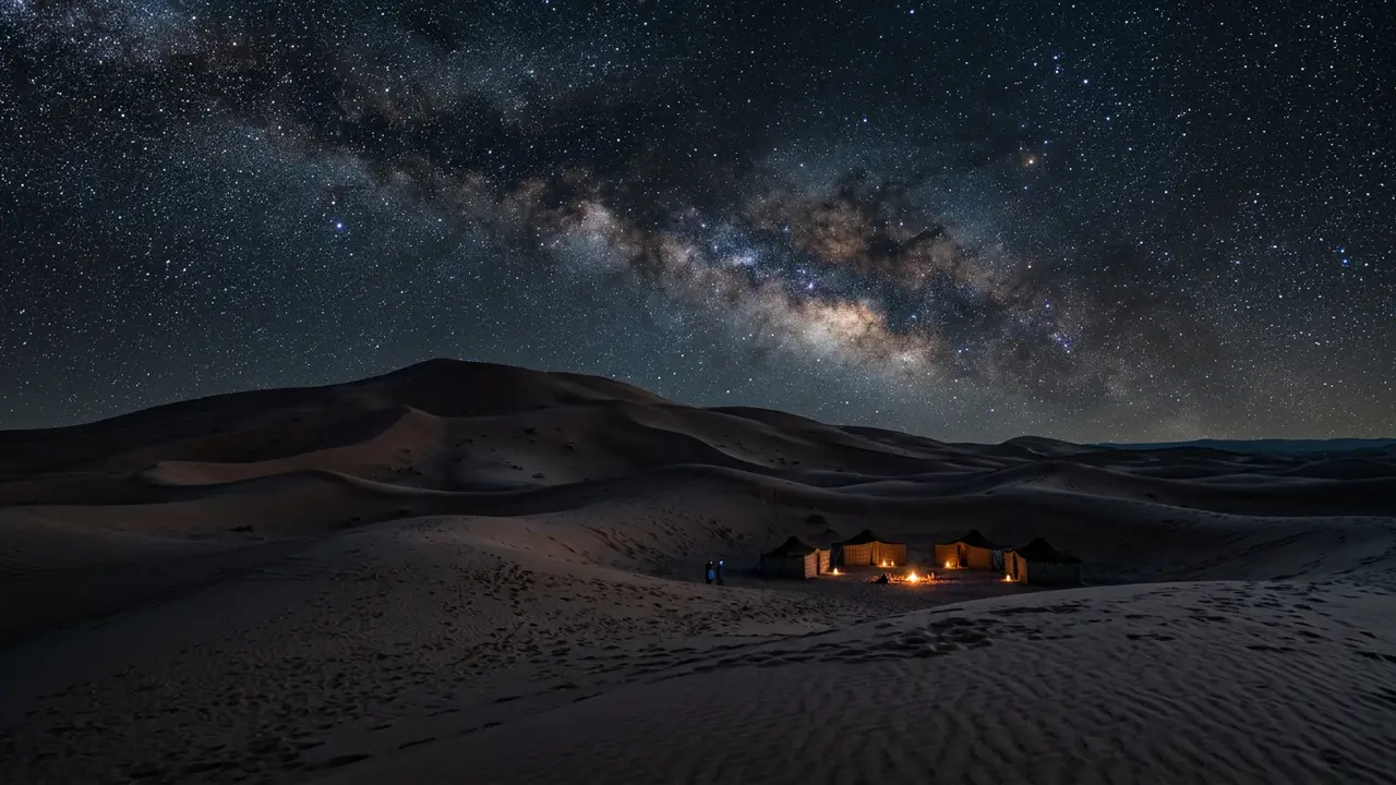 Star-filled night sky over Erg Chebbi's dunes near Merzouga, illustrating why Merzouga is so dark with no distant city glow on the horizon