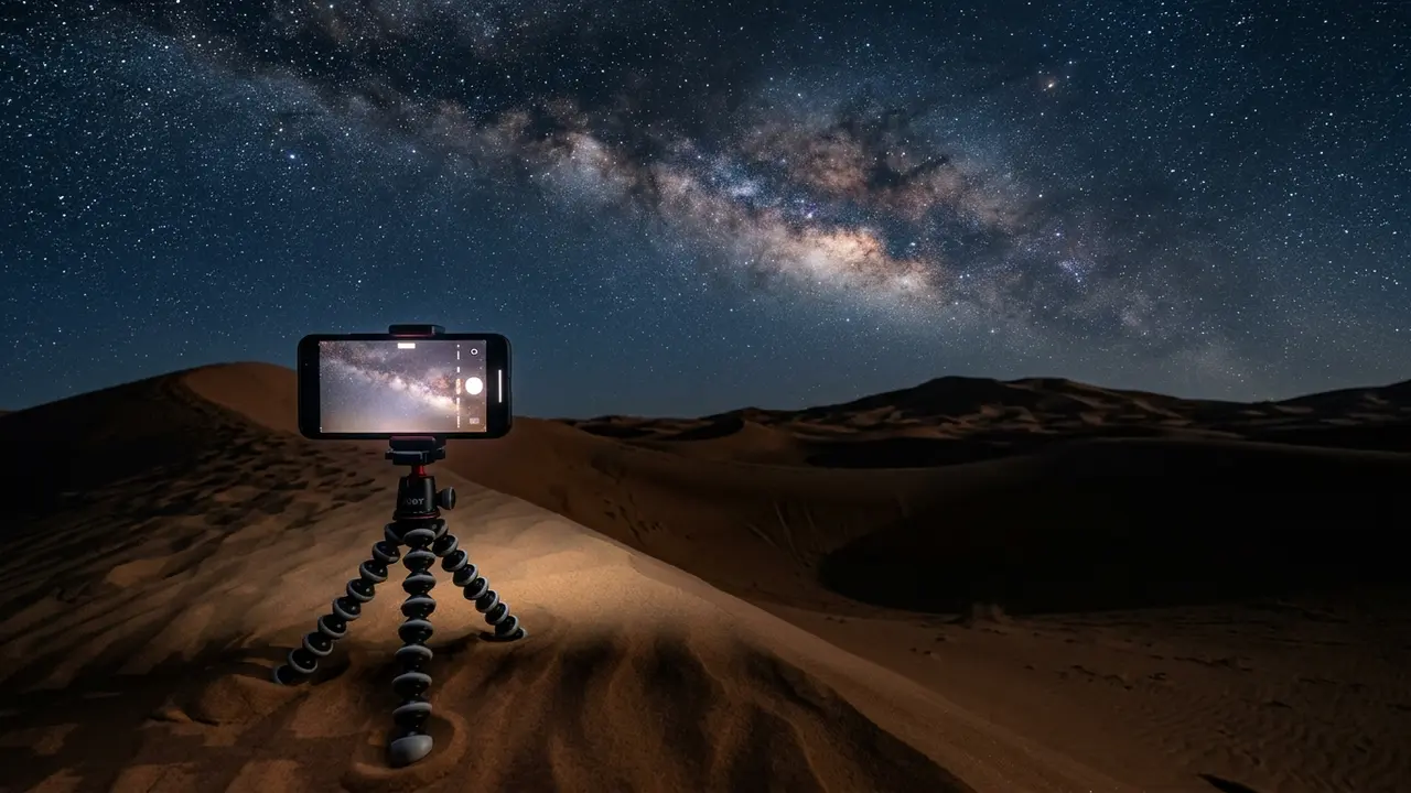 A smartphone mounted on a small tripod on a dune crest at Erg Chebbi, doing smartphone astrophotography of the Milky Way over Merzouga's Sahara dunes at night