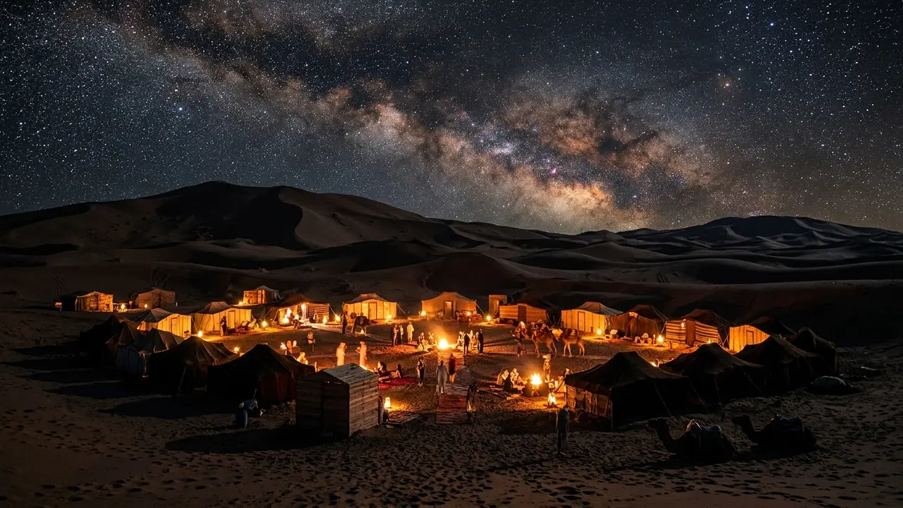 Wide-angle night photo of a Berber desert camp glowing at the base of Erg Chebbi's dunes near Merzouga under a dense Milky Way, illustrating common questions in this Merzouga stargazing FAQ about camps, camel treks, and desert nights