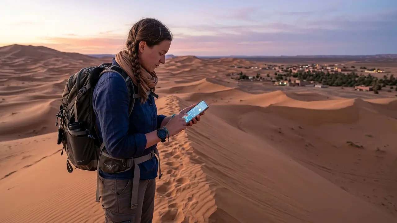 Traveler checking a phone weather app on a dune crest above Merzouga's Erg Chebbi at dusk, watching for a Chergui haze while planning a Merzouga stargazing forecast