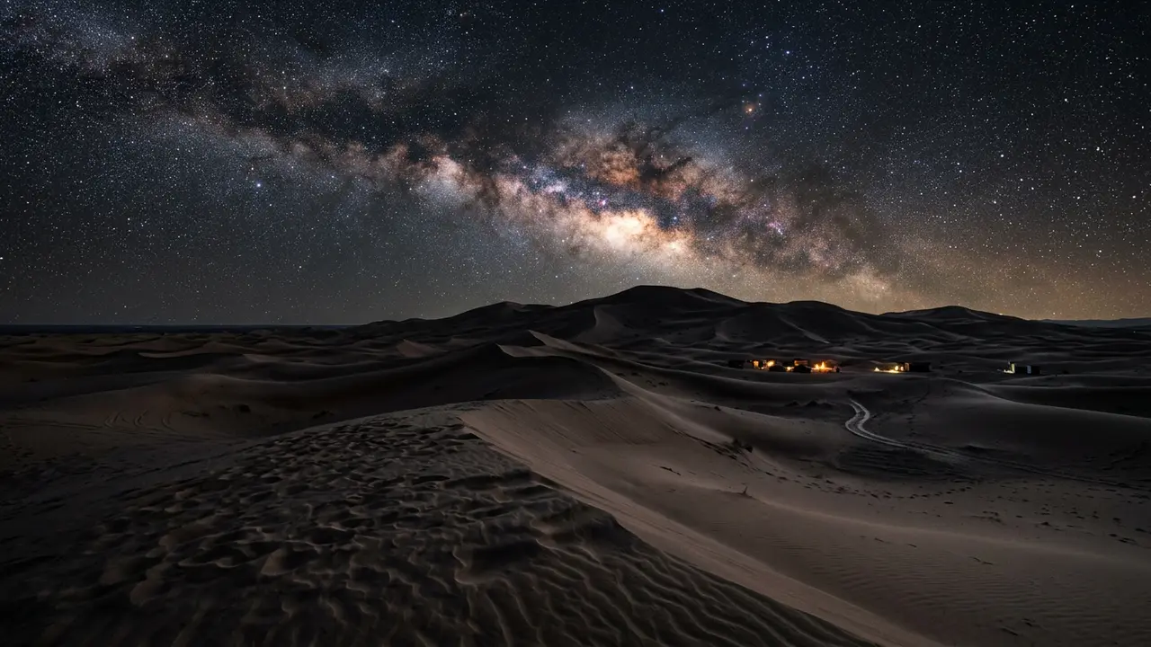 Milky Way rising over the sand dunes of Erg Chebbi near Merzouga, Morocco's Sahara Desert at night