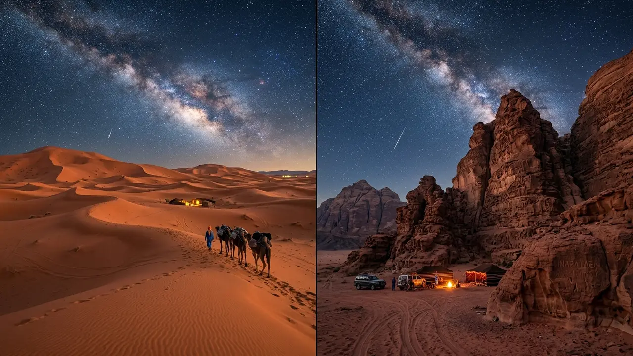 Split desert-night scene contrasting Erg Chebbi's orange dune sea near Merzouga, Morocco with Wadi Rum's towering red sandstone rock formations in Jordan, both lit by a dense Milky Way, illustrating a Merzouga vs Wadi Rum stargazing comparison