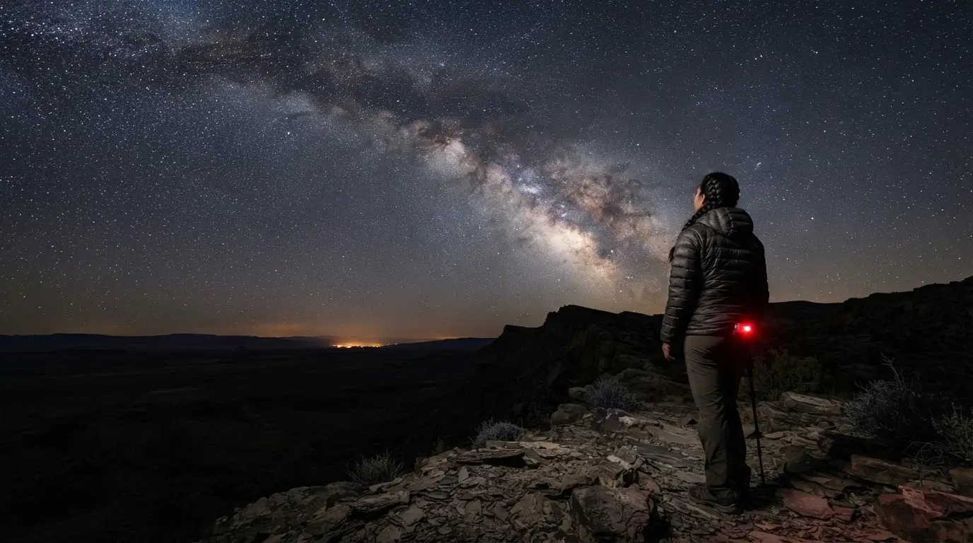 Painterly night sky in which a stream of milk arcs from the figure of Hera across deep blue heaven, forming the Milky Way, warm lamplight on the goddess and a faint starfield behind