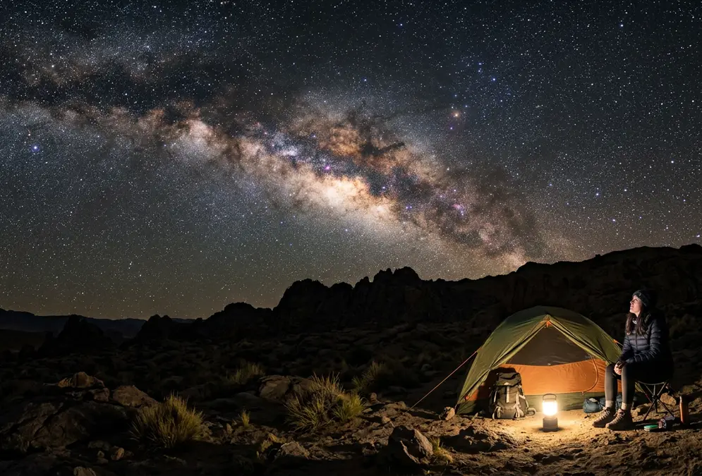 Traveler standing under the Milky Way's galactic core arching over a dark desert horizon on a new-moon night, wide-angle view of the sky